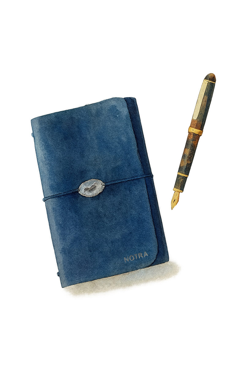Watercolor illustration of a blue leather Notra Journal with a stone charm and tortoise fountain pen