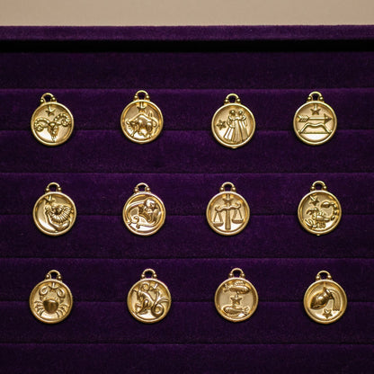 Gold zodiac pendant set on a purple display box